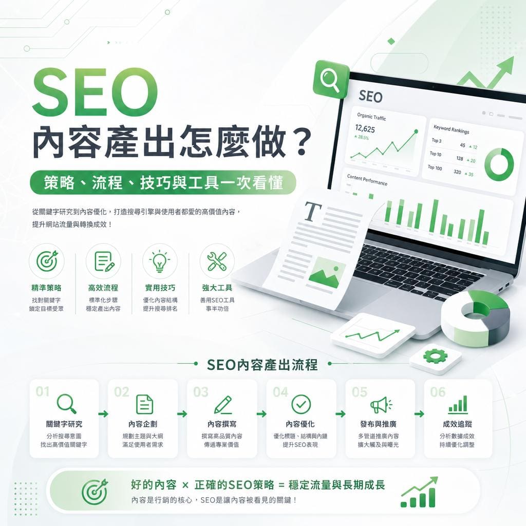 SEO content production infographic in green and white, featuring a laptop with analytics, Chinese headings, and step-by-step workflow (1–6). We communicate strategy, workflow, and tools for SEO content creation.