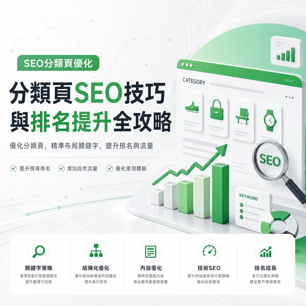 SEO infographic in Chinese about 分类页优化 with charts and icons, promoting ranking and traffic strategies.