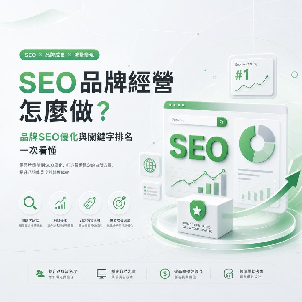 綠色主題的 SEO 品牌經營海報，包含大字標題與多個圖表與排名圖示，傳達 SEO 成長概念。","SEO 品牌經營資訊海報，顯示「#1」排名、數據圖表與搜尋介面。","海報示意圖，展示 SEO 策略與關鍵字排名，含曲線圖、圓柱圖與綠色箭頭。","綠色 SEO 行銷海報，強調品牌優化與流量成長，含多個小圖示與文字區塊。","資訊圖像：SEO 品牌經營要點，顯示搜尋框、圖表、和成長箭頭。