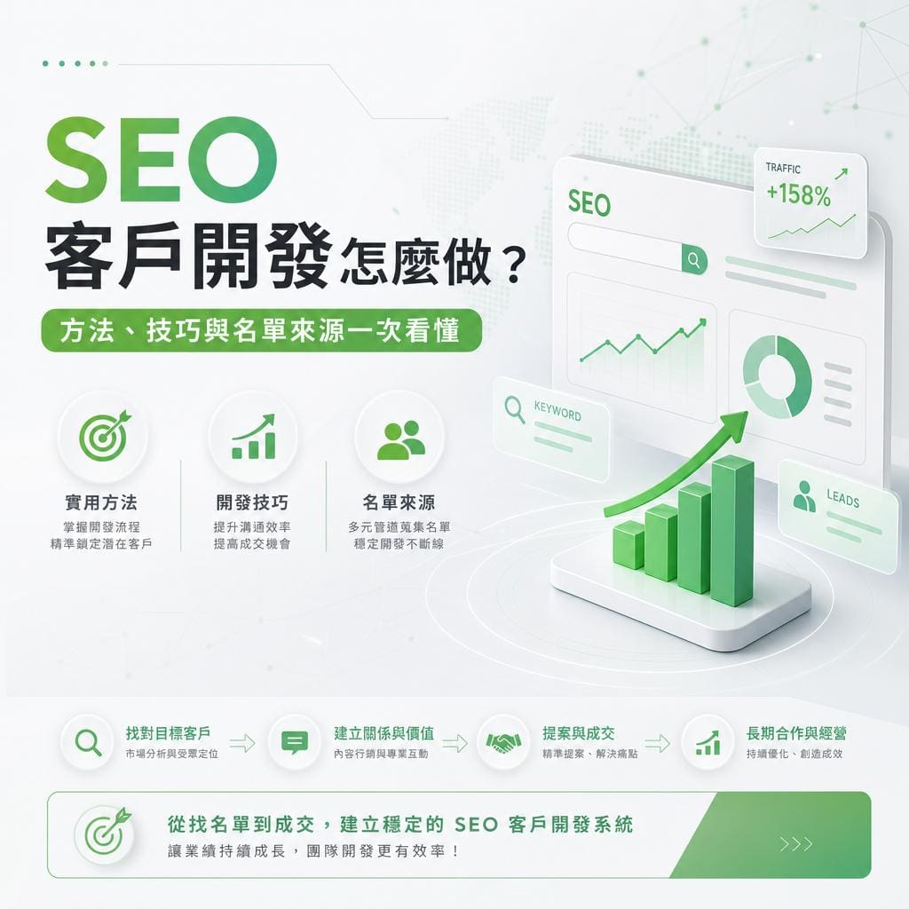 綠色主題的SEO資訊圖，左上有大字 'SEO' 與中文標題，右側有數據圖表與成長箭頭。常見流程與指標說明。