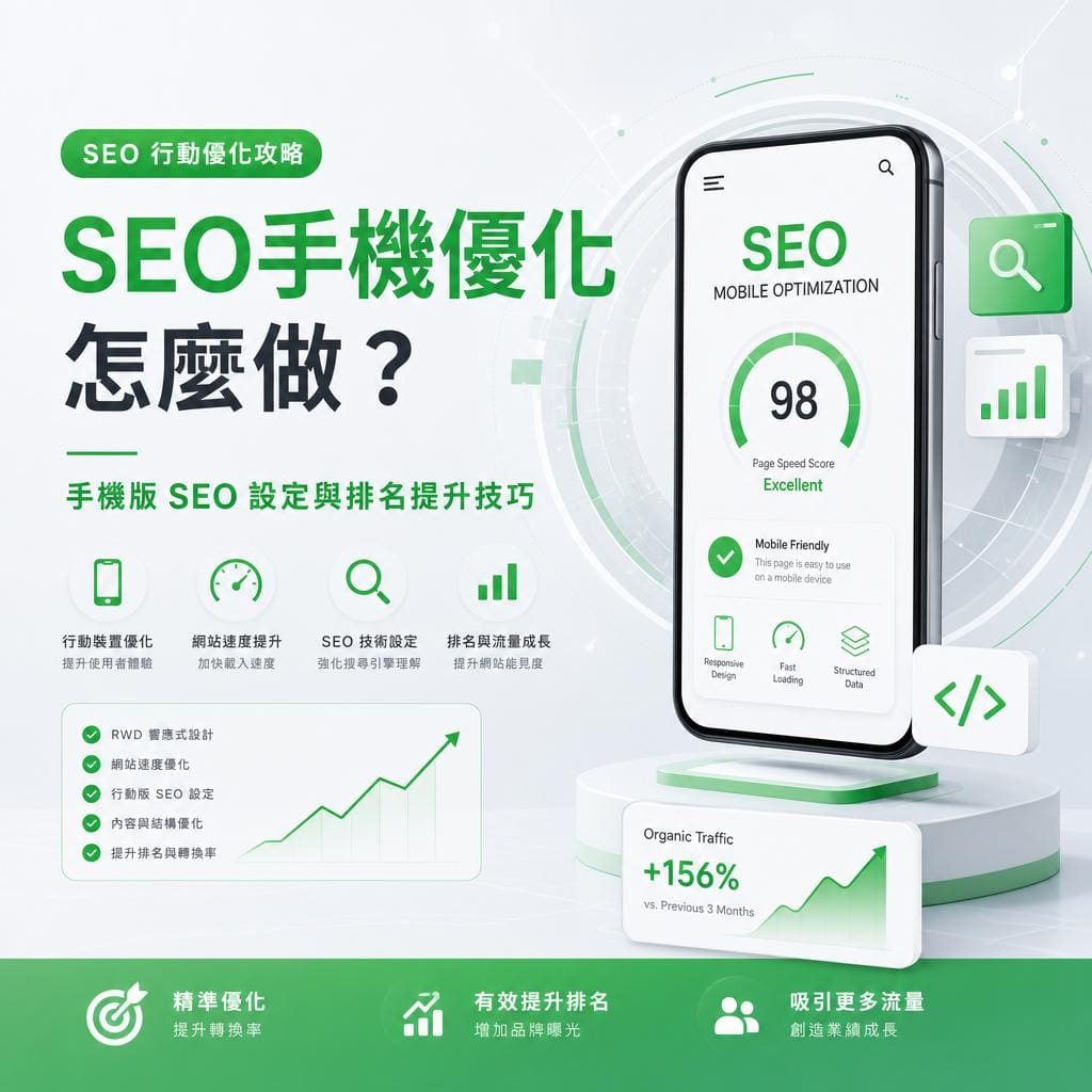Infographic about SEO mobile optimization showing a smartphone with a 98 page-speed score and green icons around it,