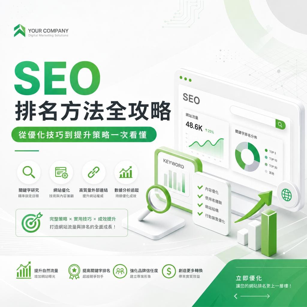 SEO marketing poster in green and white showing charts, keywords, and a laptop UI illustrating analytics.