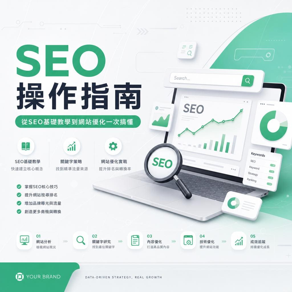 SEO infographic: laptop and charts showing search optimization concepts with Chinese subtitles and icons for fundamental SEO steps and metrics