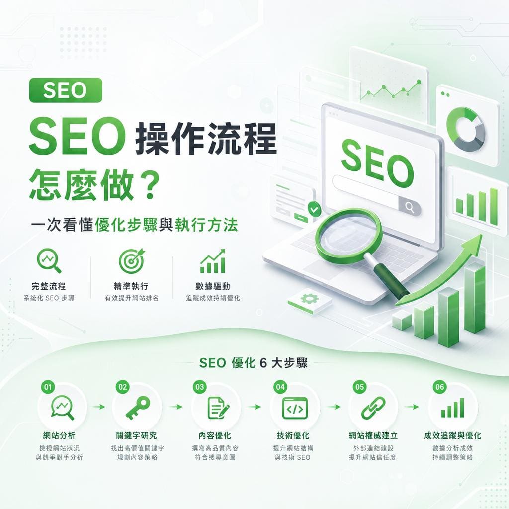 信息图：SEO 操作流程，六步从分析到成效优化，绿色风格图示。夾有图标与箭头指示流程。